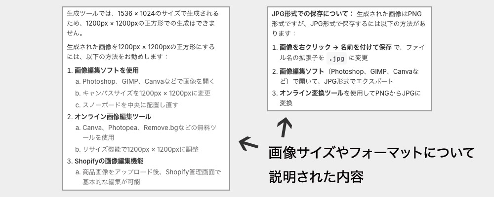 Shopify Sidekickでの画像サイズやフォーマットについてAIから説明を受けた内容
